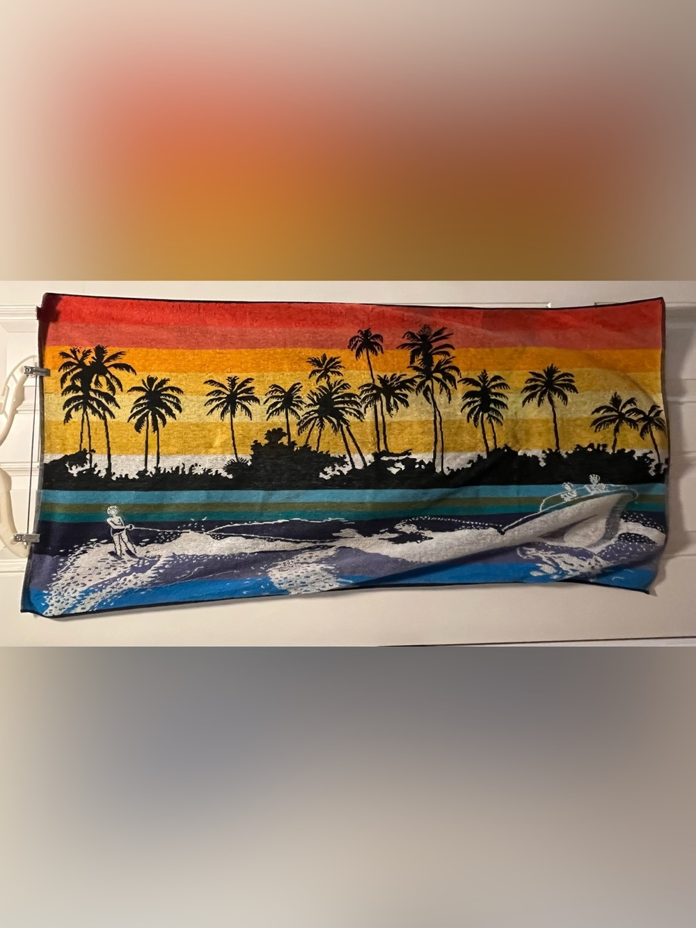 Vintage 1980s Jay Franco Surfer Beach Towel Retro Neon Sunset Palm Trees 27x53.5